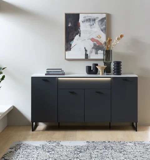 Sideboard - mit Beleuchtung, B ca. 174 cm, Graphit, Marmor Nachbildung hell