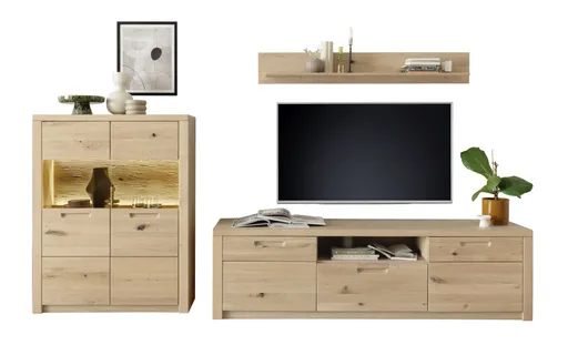 Wohnwand - mit Beleuchtung und Fernbedienung, Eiche Nachbildung, Eiche massiv geölt