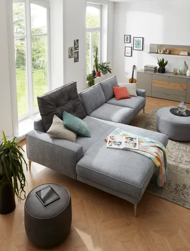 Ecksofa Samara - Longchair mit 2-Sitzer rechts inkl. Rückenlehne verstellbar, Stoff, Graublau