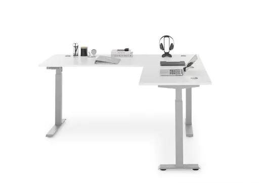 Winkelschreibtisch - höhenverstellbar, LB ca. 185x177 cm, Weiß, Silberfarben