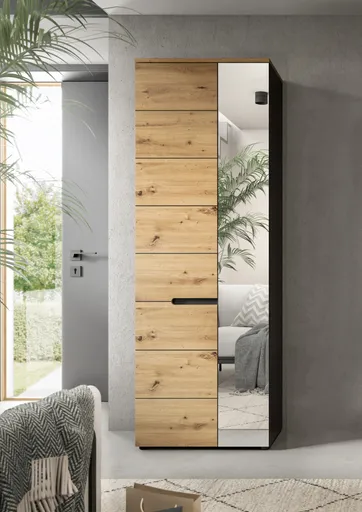 Garderobenschrank - B ca. 65 cm, Basalt grau, Artisan Eiche Nachbildung, Spiegel