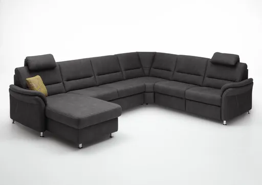 Wohnlandschaft - Longchair links mit 2,5-Sitzer und Ecke rechts inkl. 2 Premiumkopfstützen in Stoff Dunkelgrau