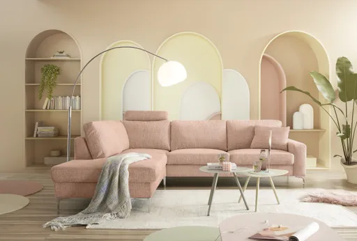 Ecksofa CALM 2.0 - Ecke links mit 2,5-Sitzer, Schlaffunktion mit Bettkasten, Stoff, Pfirsich