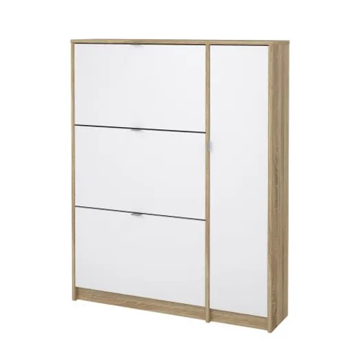 Schuhschrank - B ca. 99 cm, Eiche Struktur Nachbildung, Weiß Hochglanz