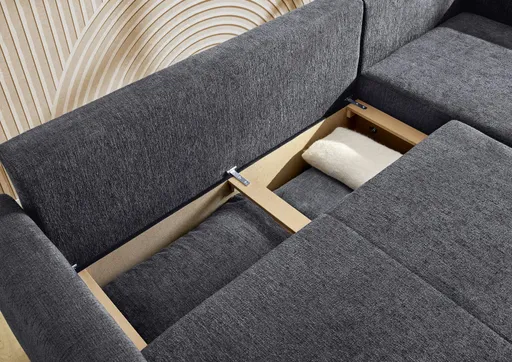 Ecksofa - 2-Sitzer mit Longchair rechts, Schaffunktion mit Bettkasten, Stoff, Anthrazit