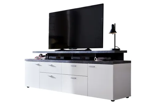TV-Lowboard - B ca. 180 cm, Weiß, Stone dunkel Nachbildung