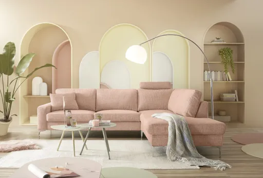 Ecksofa CALM 2.0 - 2,5-Sitzer mit Ecke rechts, Schlaffunktion mit Bettkasten, Stoff, Pfirsich