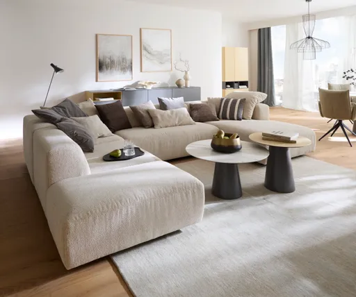 Ecksofa Caruso - Ecke links, 2-Sitzer, Longchair rechts, Stoff, Ecru
