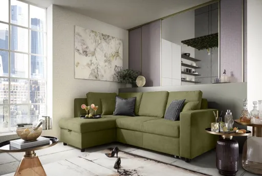 Ecksofa PRO FLEXX - Ecke links, 2-Sitzer inkl. Schlaffunktion und Bettkasten, Stoff, Olive