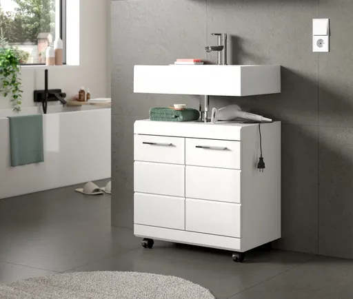 Waschbeckenunterschrank - B ca. 60 cm, Weiß, Weiß Hochglanz