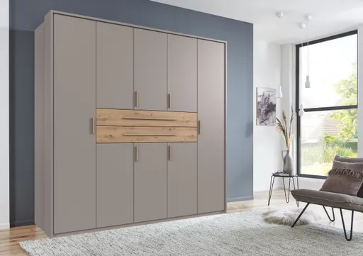 Drehtürenschrank- B ca. 225 cm, Saharagrau, Eiche Dekor