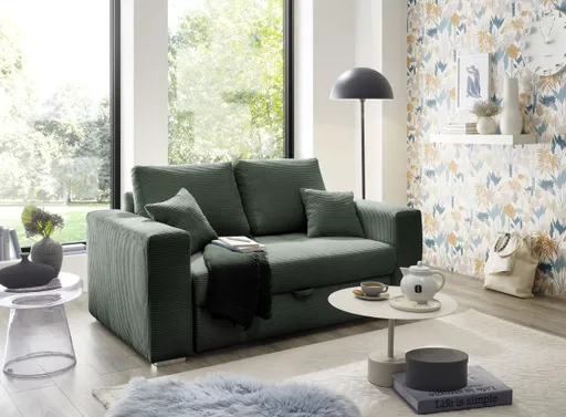 Sofa JORDEN 2 - 2-Sitzer inkl. Schlaffunktion mit Bettkasten, Cord, Grün