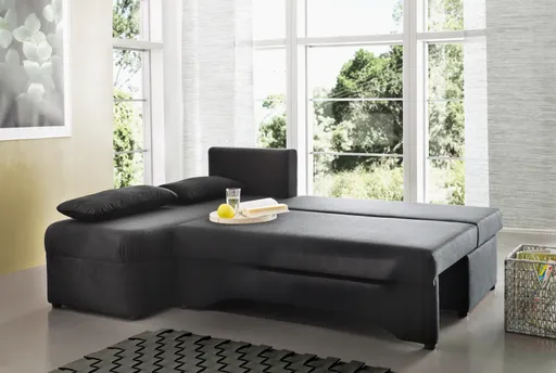 Ecksofa - 2-Sitzer, Ecke rechts inkl. Schlaffunktion und Bettkasten, Stoff schwarz