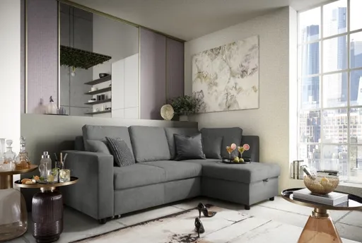 Ecksofa PRO FLEXX - 2-Sitzer, Ecke rechts inkl. Schlaffunktion und Bettkasten, Stoff, Steingrau