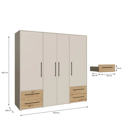  Drehtürenschrank FATHIE- B ca. 206 cm, Sand, Eiche Dekor