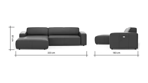 Ecksofa Denver - Longchair links, groß mit 2,5 Sitzer, inkl. Sitzvorzug (motorisch), Leder, Mocca