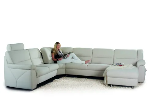 Wohnlandschaft EM St. Gallen - Hocker links, Relax-Eckteil, 3-Sitzer rechts, Leder, Natur