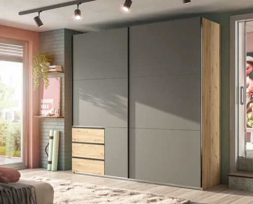 Schwebetürenschrank- B ca. 250 cm, Eiche Dekor, Graphit