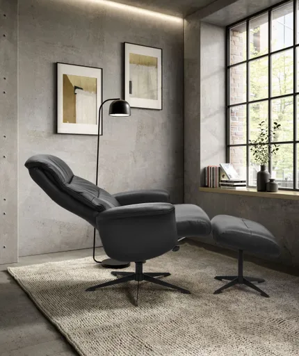 TV-Sessel MENNIS mit Hocker - drehbar, Relaxfunktion, Kopfteilverstellung, Leder, Schwarz