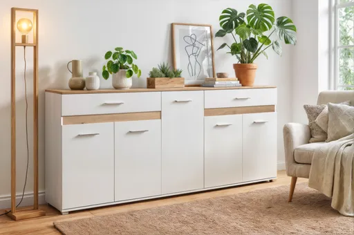 Sideboard- Weiß, Eiche Dekor