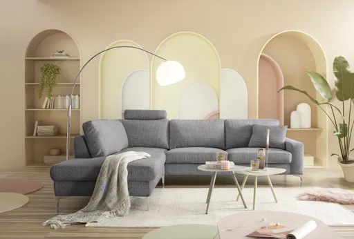 Ecksofa CALM 2.0 - Ecke links mit 2,5-Sitzer, Schlaffunktion mit Bettkasten, Stoff, Steingrau