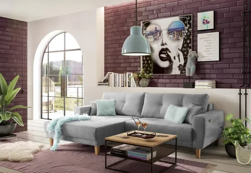 Ecksofa - Ecke links, 3-Sitzer inkl. elektrische Sitztiefenverstellung, Stoff, Hellgrau