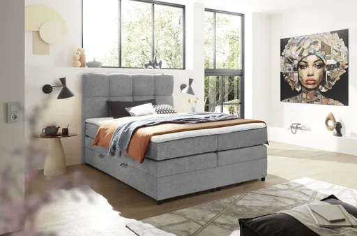 Boxspringbett SANDRIN R- Liegefläche ca. 160x200 cm, Stoff, Hellgrau, inkl. Stauraum	