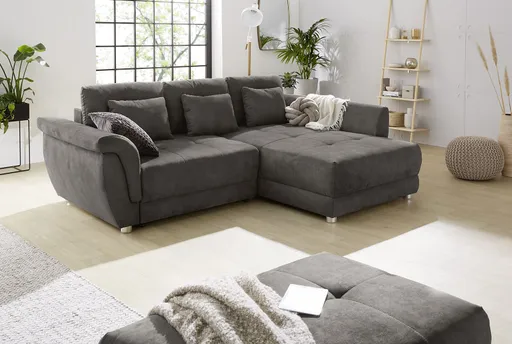 Polsterecke - 1,5-Sitzer, Longchair rechts inkl. Schlaffunktion mit Bettkasten, 3 Rückenkissen und 3 Nierenkissen, Stoff Grau