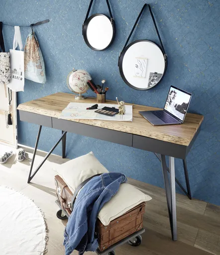 Schreibtisch - LB ca. 140x56 cm, Wildeiche massiv geölt, Anthrazit, Schwarz