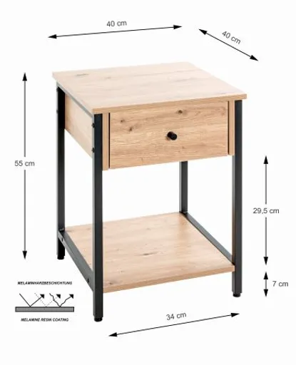 Beistelltisch - B/H/T ca. 40x55x40 cm, Eiche Nachbildung, Schwarz