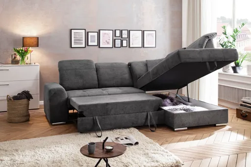 Schlafsofa - 2-Sitzer, Ecke rechts inkl. Schlaffunktion und Bettkasten, Stoff anthrazit