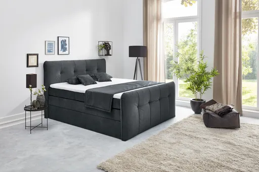 Boxspringbett HOLLIE- Liegefläche ca. 180x200 cm, Stoff, Anthrazit, inkl. Topper