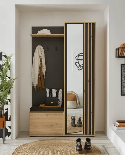 Kompaktgarderobe- Eiche Dekor, Schwarz