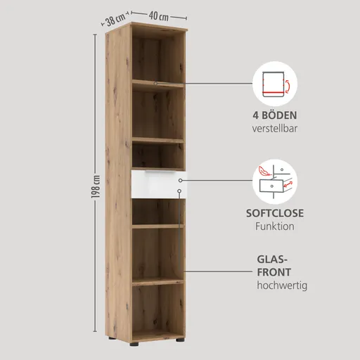 Büroregal - B ca. 40 cm, Artisan Eiche Nachbildung, Weiß