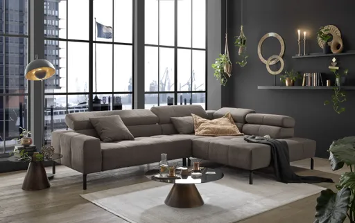 Ecksofa COLLEEN - 2-Sitzer mit Ecke rechts, Kopfteil verstellbar, Feincord, Taupe