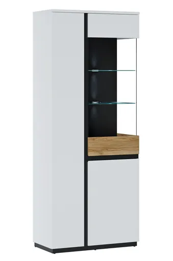 Vitrine - mit Beleuchtung, Weiß, Eiche Nachbildung, Schwarz matt