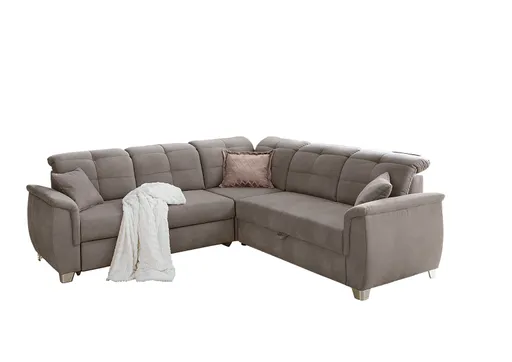 Ecksofa - 2-Sitzer, Ecke rechts inkl. Schlaffunktion mit Bettkasten, 6 Kopfteilverstellungen, 3 Kissen, Stoff Hellbraun