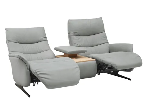 Sofa EM Lun - 2,5-Sitzer, Tisch mit Kissen, Relaxfunktion, Kopfteilverstellung, Leder, grau