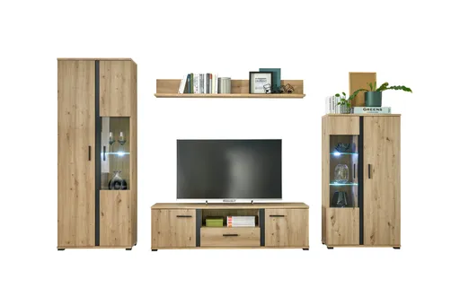 Wohnwand- Eiche  Dekor, Schwarz