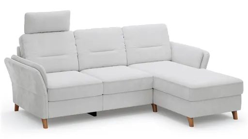 Ecksofa Vayra - 2,5-Sitzer mit Longchair rechts, inkl. Relaxfunktion (motorisch) und Kopfstütze verstellbar (manuell), Stoff, Offwhite