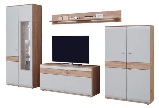 Wohnwand EM Teolo - mit Wandboard und Beleuchtung und geschroppter Rückwand, Alteiche, Lichtgrau