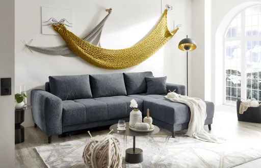Ecksofa JONI - 2-Sitzer, Ecke rechts inkl. Schlaffunktion mit Bettkasten, Stoff, Anthrazit