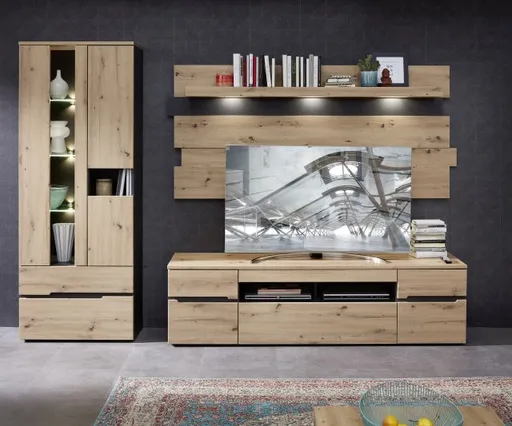 Wohnwand - mit Beleuchtung, Artisan Eiche Nachbildung, Graphit