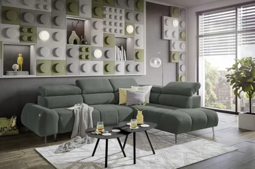 Ecksofa - 2-Sitzer mit Ecke rechts, Sitzvorzug motorisch, Kopfteil verstellbar, Stoff, Moos