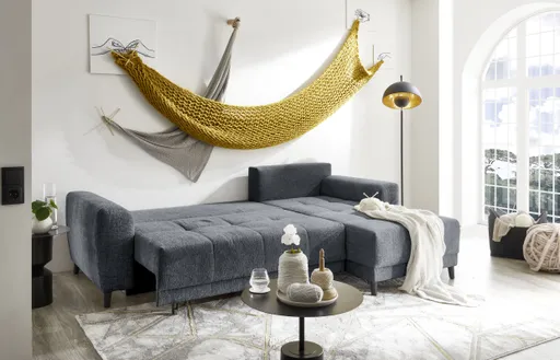Ecksofa JONI - 2-Sitzer, Ecke rechts inkl. Schlaffunktion mit Bettkasten, Stoff, Anthrazit