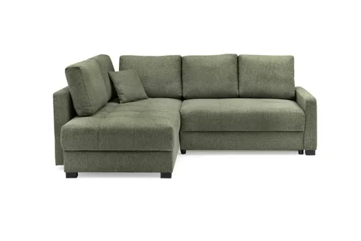 Ecksofa EDWIN - 2-Sitzer, Ecke rechts inkl. Schlaffunktion und Bettkasten, Stoff, Graugrün