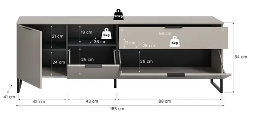 TV-Lowboard - B ca. 185 cm, Kaschmir, Schwarz