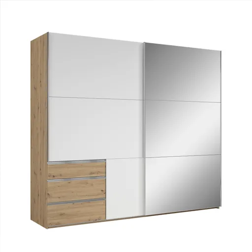 Schwebetürenschrank- B ca. 250 cm, Eiche Dekor, Weiß, Spiegel