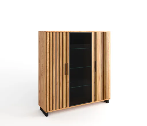 Highboard-  Eiche furniert, Schwarz, Glas
