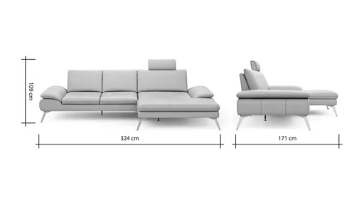 Ecksofa Collina - 2,5-Sitzer, Longchair rechts, inklusive Kopfstütze, Leder, Ecru